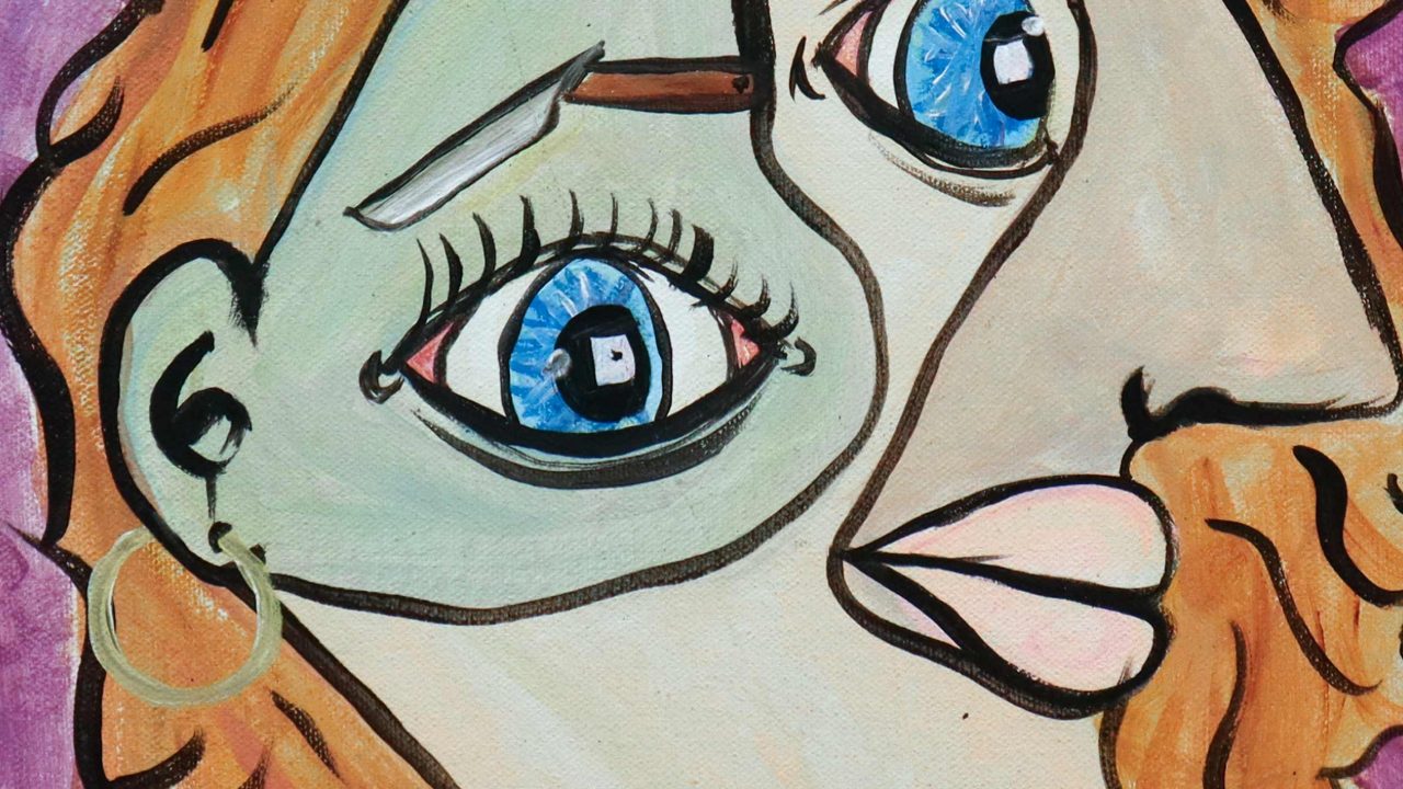 Colourful abstract artwork depicting a face titled Chucky's parents by William Kennedy