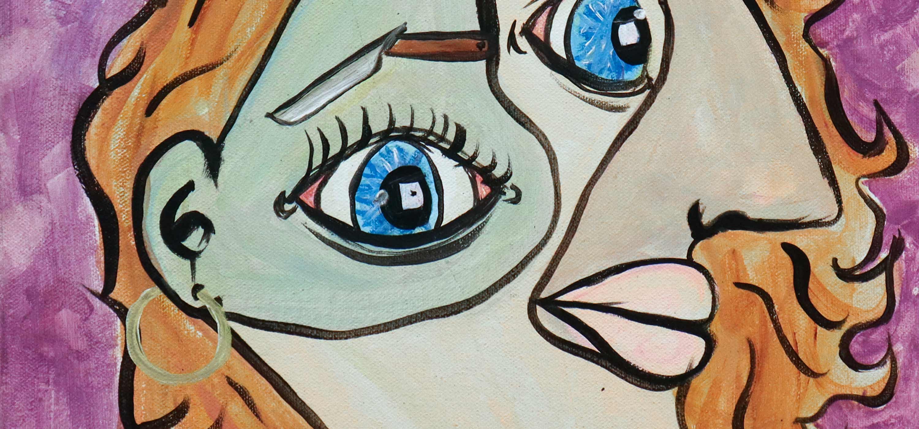A colourful abstract artwork depicting a face titled Chucky's Parents by William Kennedy