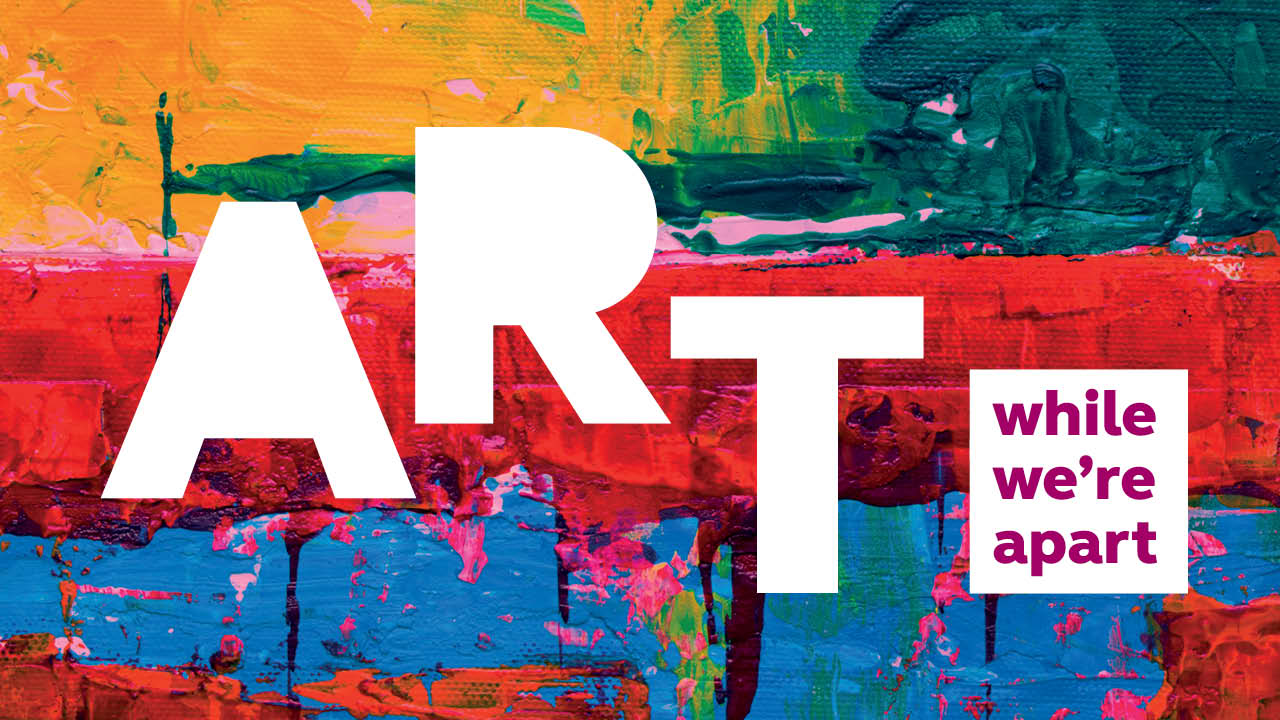 A portion of an abstract art work with splashes of yellow, red, blue and purple.